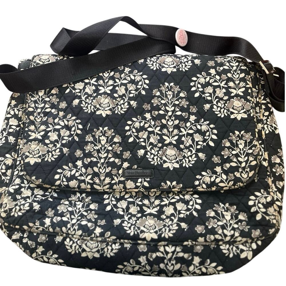 Vera Bradley Laptop Messenger Bag Black Gray Floral Quilted Cotton Cottagecore
